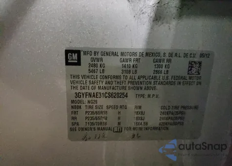 2012 Cadillac Srx Luxury Collection from USA, damaged, VIN 3GYFNAE31CS620254